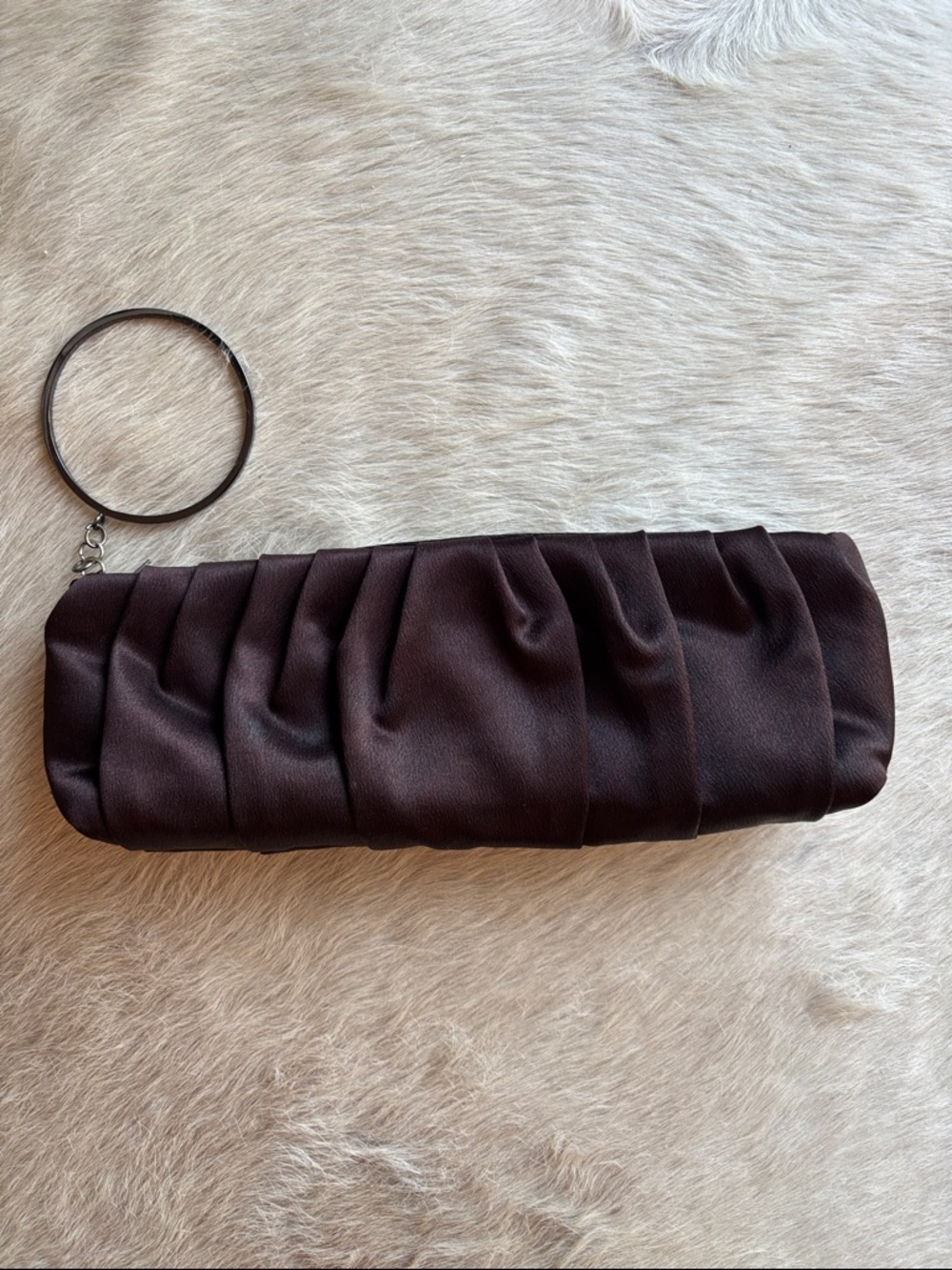 Elegant Dark Brown Satin Wristlet Clutch with Metal Wrist Ring